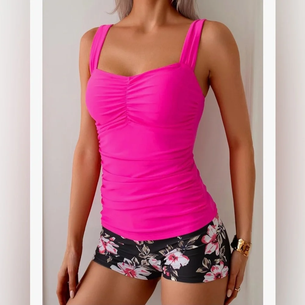 Women’s Ruched Tankini Top and bottoms set in Hot Pink - Picture 5 of 10